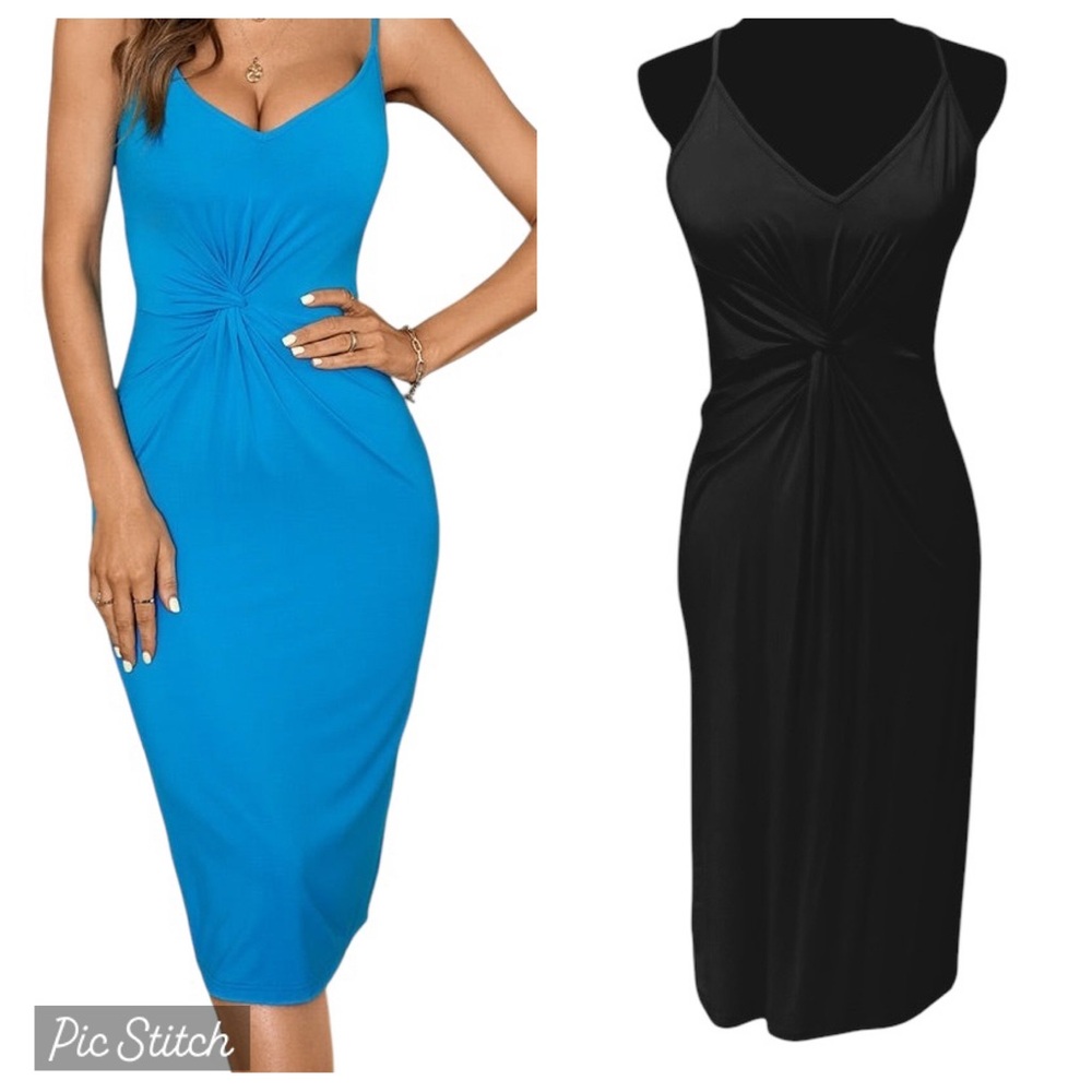 Women’s Black Spaghetti Strap Ruching Stretch Comfortable Midi Dress